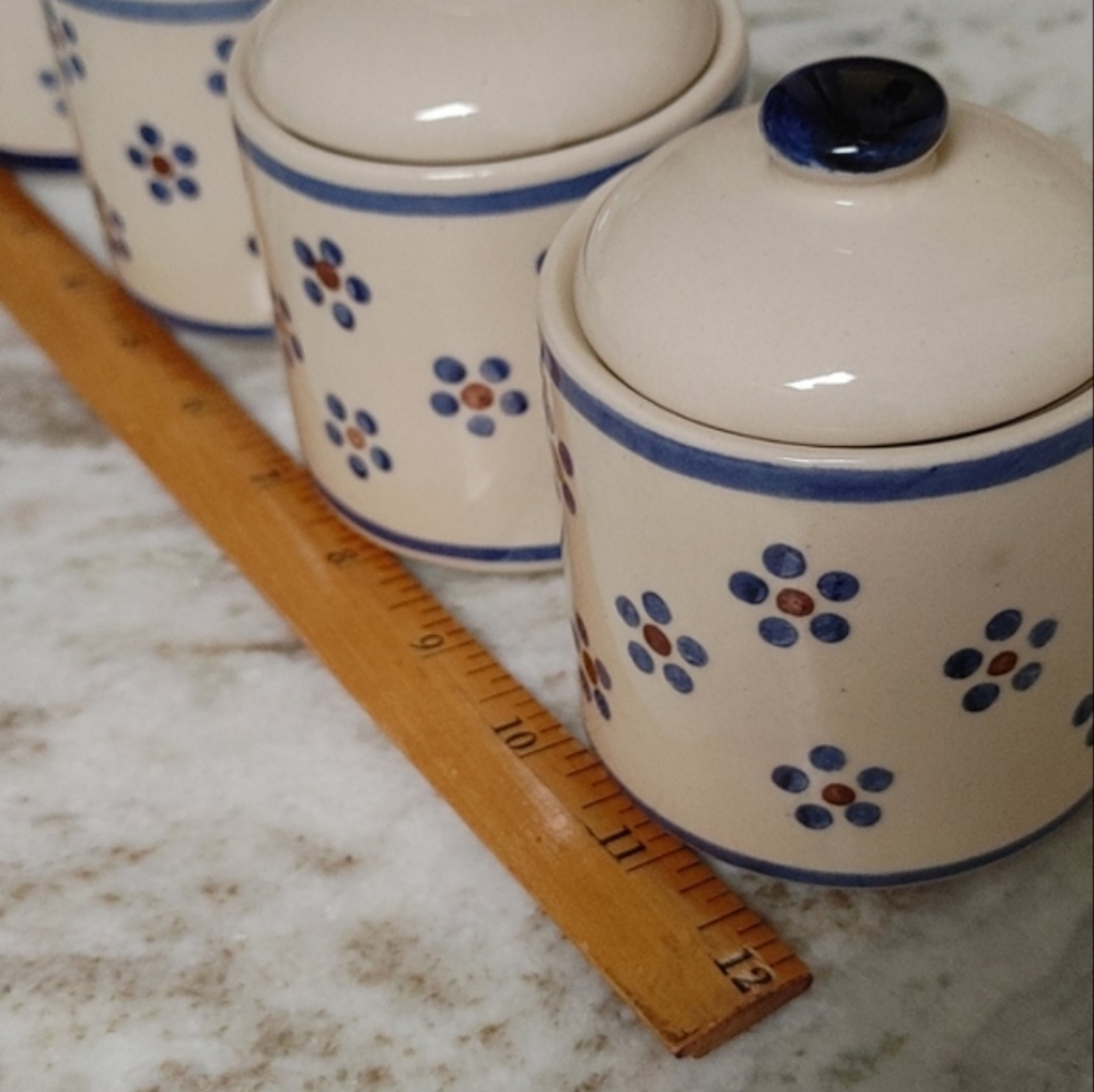 4 Mini VTG Ceramic Canisters Naaman Porcelain Israel Ivory Blue & Burgundy - Picture 10 of 10
